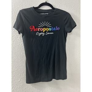 Aeropostale T Shirt Youth Girls M Short Sleeve Crew Neck Tee‎ Black RainbowCore